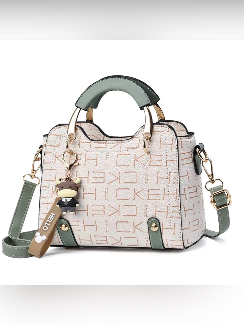 Women Printed Crossbody Satchel Bag Top Handle Purse Green Charm Keychain